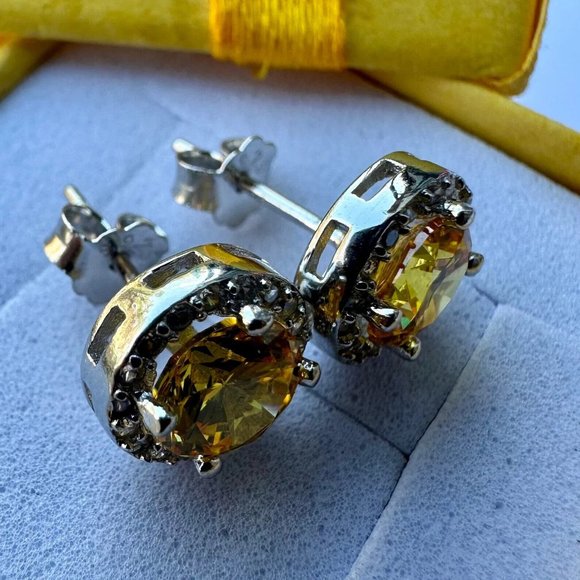 Citrine Earrings Sterling Silver 925 White Topaz Created Stud Earrings For Women - Picture 6 of 9